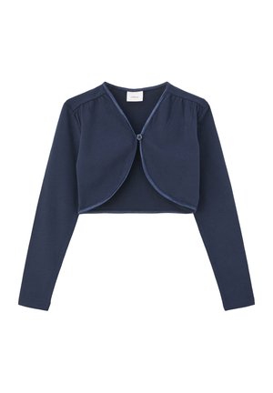 Marineblå cropped cardigan med lange ærmer, enkelt knaplukning ved brystet og rund halsudskæring.
