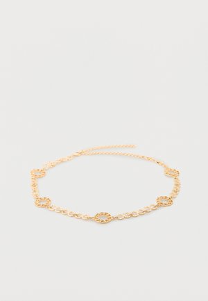 Delicate gold chain necklace with alternating small links and five textured circular links evenly spaced around it.