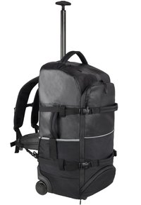 Schwarzer Rucksack mit Rollen, einem ausziehbaren Griff, gepolsterten Schulterriemen und mehreren Fächern. Aus robustem Material und mit verstellbaren Riemen.