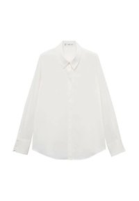 Blouse blanche à manches longues avec col et poignets boutonnés, présentée à plat sur fond blanc.