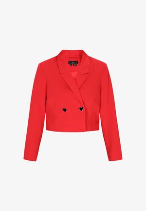 Rote kurze Jacke aus glattem Stoff, mit Reverskragen, langen Ärmeln und schwarzen herzförmigen Knöpfen als Verschlussakzente.