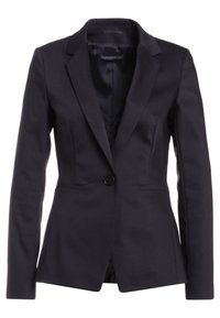 Blazer nero su misura con un solo bottone, rever a alette, due tasche frontali e tessuto liscio. Interno foderato per il comfort.
