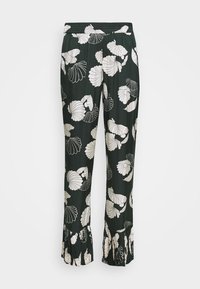 Czarne spodnie w kwiatowy wzór z lekkiego materiału, zdobione białymi liśćmi i falbaniastym wykończeniem przy mankietach. Elastyczny pas.