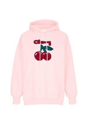 Lyserød hættetrøje med frontlomme, med en glitrende kirsebærgrafik og ordet "Cherry" over i røde bogstaver.