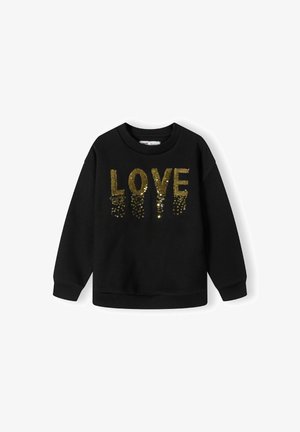 Sweat-shirt noir à manches longues avec poignets et ourlet côtelés, orné de lettres en sequins dorés formant le mot « LOVE » à l'avant.