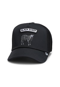 Black trucker hat made of fabric with a black mesh back, featuring a white patch with "BLACK SHEEP" and a sheep graphic in black.