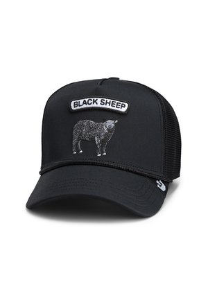 Black trucker hat made of fabric with a black mesh back, featuring a white patch with "BLACK SHEEP" and a sheep graphic in black.