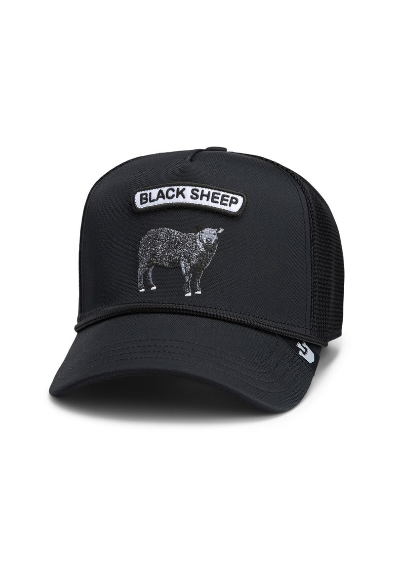 Black trucker hat made of fabric with a black mesh back, featuring a white patch with "BLACK SHEEP" and a sheep graphic in black.
