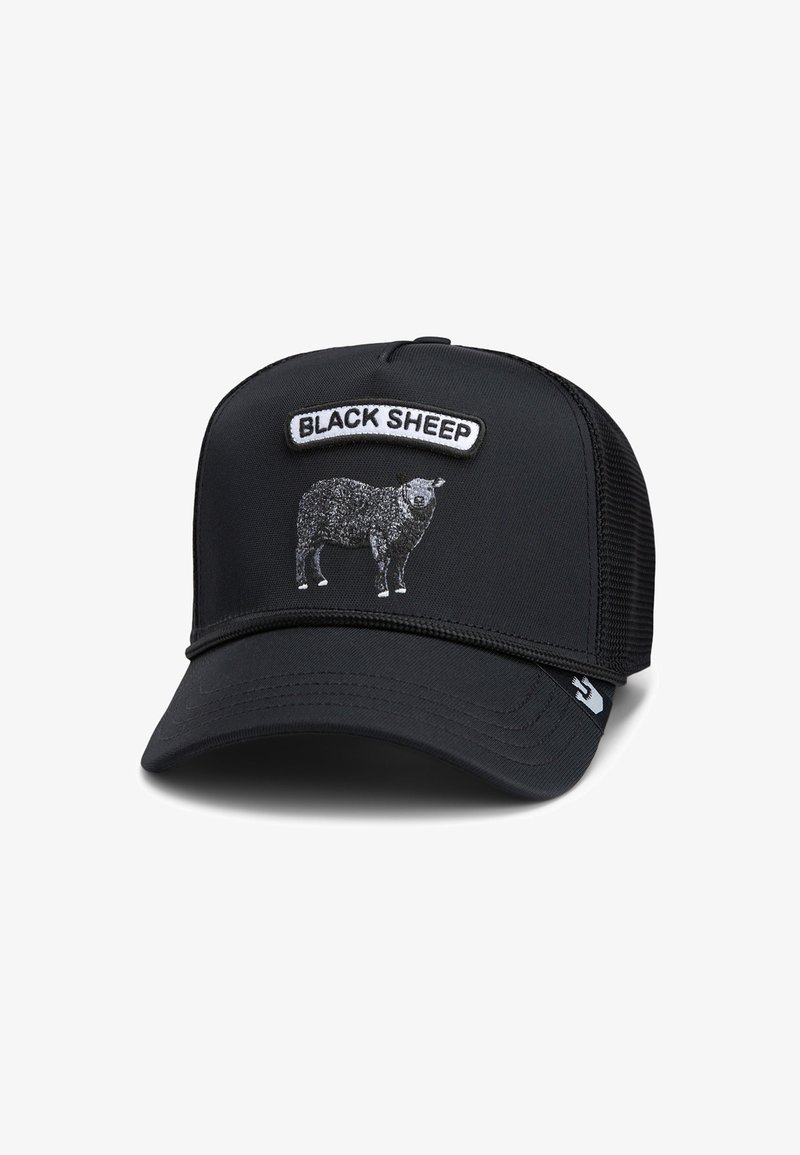 Black trucker hat made of fabric with a black mesh back, featuring a white patch with "BLACK SHEEP" and a sheep graphic in black.