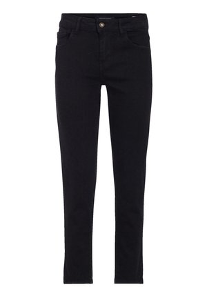 Czarne dżinsy o dopasowanym kroju, z zapięciem na guziki z przodu, pięcioma kieszeniami i przeszyciami.