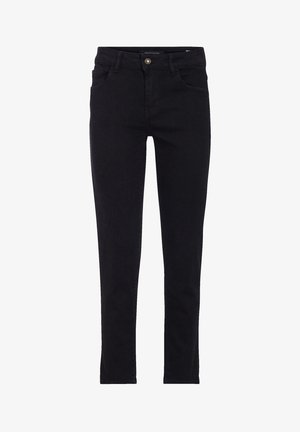 Black denim jeans with a slim fit design, featuring a front button closure, five pockets, and stitched seams.