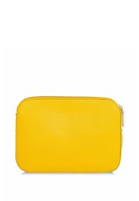 Żółta saszetka na zamek błyskawiczny wykonana z teksturowanego materiału, o prostokątnym kształcie i minimalistycznym designie, z gładkim zapięciem na zamek.
