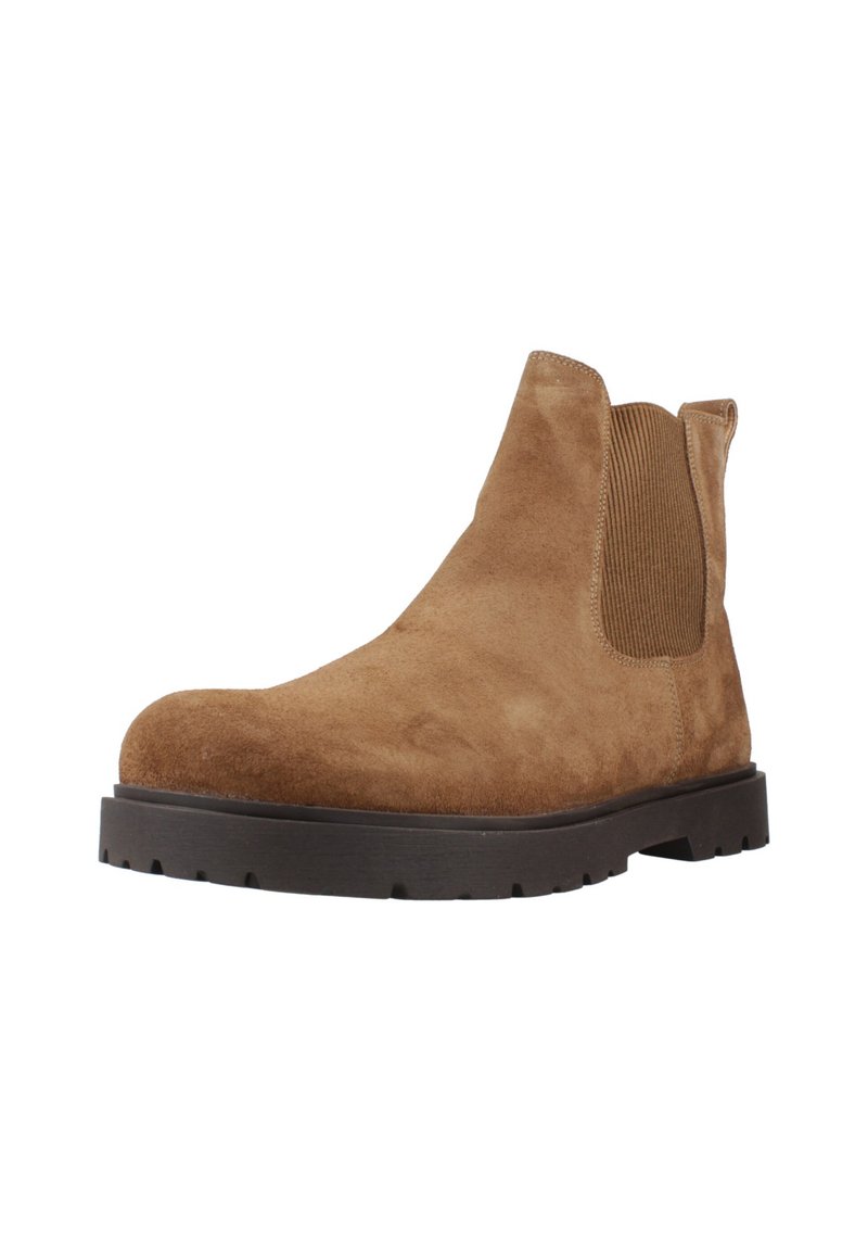 Braune Wildleder-Ankle Boots mit elastischen Seitenteilen, runder Spitze und einer strukturierten schwarzen Gummisohle. Entworfen für Komfort und einfachen Tragekomfort.