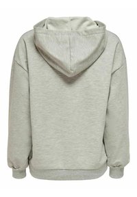 Sweat à capuche à manches longues gris clair avec poignets et ourlet côtelés, vu de dos avec la capuche posée à plat.