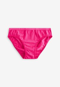 Rosa underkläder i mjukt tyg, med en elastisk midjeband där "NEXT" upprepas. Klassisk brief-modell med minimala sömmar.
