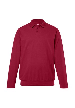 Rode lange mouw polo shirt van zachte stof, met een klassieke kraag, drie knopen en een nauwsluitend ontwerp bij de taille.
