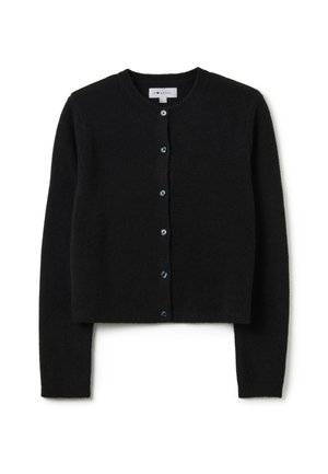 Cardigan nero corto realizzato in morbido tessuto a maglia, con scollatura rotonda e sei bottoni di chiusura con rifiniture blu sui bottoni.