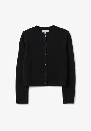 Cardigan nero corto realizzato in morbido tessuto a maglia, con scollatura rotonda e sei bottoni di chiusura con rifiniture blu sui bottoni.