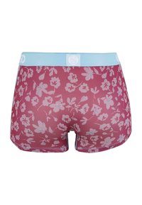 Shorts mit floralem Muster in Weiß auf burgunderrotem Hintergrund. Verfügt über einen hellblauen elastischen Bund mit Logodetail.