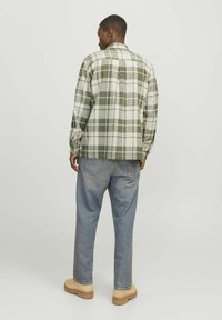Groen en wit geruite shirt met lange mouwen, gecombineerd met blauwe jeans en beige schoenen. Het shirt heeft een klassieke kraag en een zachte stof.