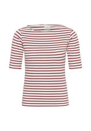 Camiseta de rayas horizontales blancas y rojas de manga corta con cuello redondo y etiqueta de marca visible en la parte posterior del cuello.