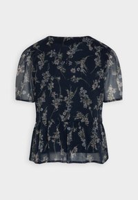 Blusa floreale blu navy realizzata in tessuto trasparente. Presenta maniche a sbuffo corte, orlo plissettato e un motivo botanico in colori chiari.