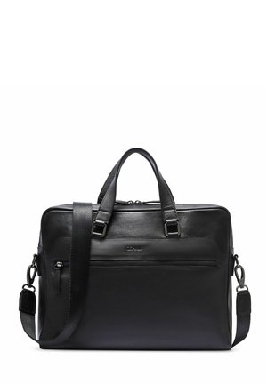 Czarna skórzana teczka z podwójnymi uchwytami, odpinanym paskiem na ramię oraz przednią kieszenią na suwak, umieszczona na białym tle.