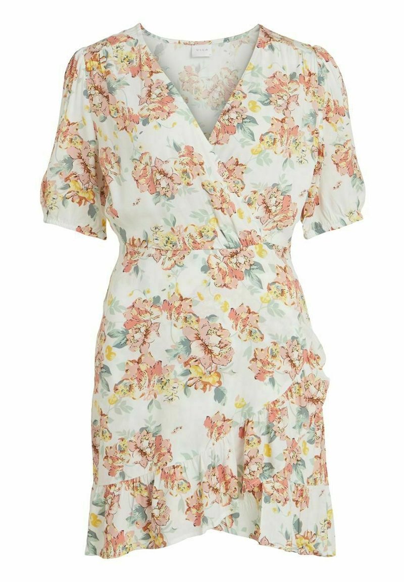 Robe portefeuille blanche à manches courtes avec motif floral rose, jaune et vert et ourlet à volants.