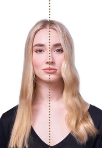 De longs cheveux blonds ondulés sont séparés au milieu. Le sujet porte un haut noir à col en V. L'arrière-plan est blanc avec un accent de ligne verticale en pointillés.