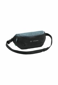 Sac banane noir avec un dessus texturé bleu, de forme rectangulaire, avec une sangle ajustable et une fermeture éclair lisse. Logo affiché en évidence sur le côté.