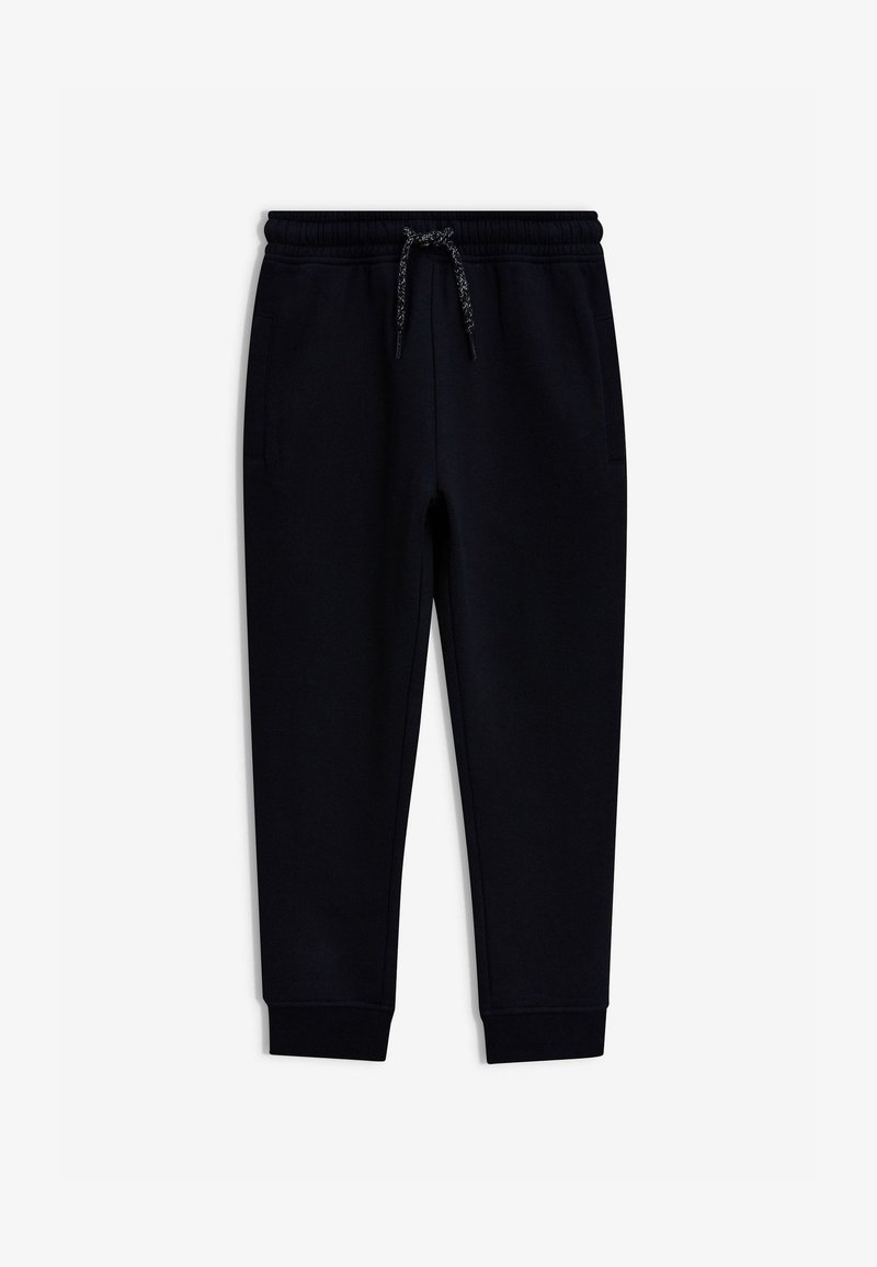 Mustad jogger-tüüpi püksid elastse vöö, must-valge paelaga, küljetaskute ja mansettidega.