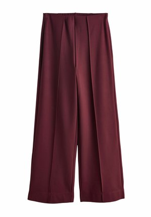 Bukser med høj talje og brede ben i dyb bordeauxfarve med forreste plisseringer og syede kanter, vist fladt på hvid baggrund.