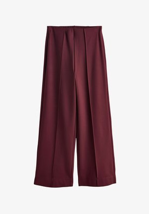 High-waisted, wide-leg trousers in deep burgundy with front pleats and stitched hems, displayed flat on white background.