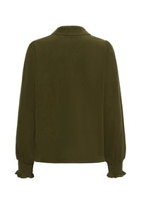 Olivnozeleni dolg rokav bluzo z nabranimi manšetami, napihnjenimi rokavi in klasičnim ovratnikom, prikazana zadaj.