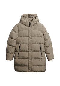 Chaqueta de plumas beige con capucha, que presenta secciones acolchadas, dos bolsillos laterales con cremallera y una cremallera frontal. Material sintético suave.