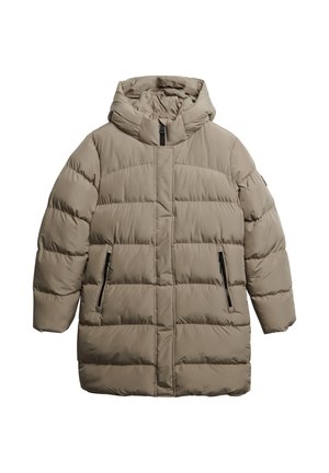 Beige pufferjakke med hætte, der har quiltede sektioner, to lynlåslommer på siden og en lynlås foran. Glat, syntetisk materiale.