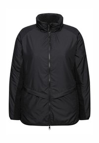 Veste matelassée noire avec un col haut, fermeture éclair et panneaux latéraux texturés. Présente une coupe ajustée et une finition extérieure lisse.