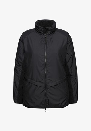 Veste matelassée noire avec un col haut, fermeture éclair et panneaux latéraux texturés. Présente une coupe ajustée et une finition extérieure lisse.