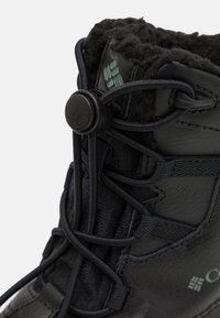 Schwarze wasserdichte Stiefel mit einer strukturierten Lederoberfläche, weichem Fleece-Futter und innovativem Schnellverschnürrsystem mit einem Toggle.