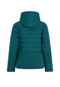 Tyrkysová péřová bunda s kapucí, se šitým vzorem a hladkou zadní částí. Dlouhé rukávy a elastické manžety pro teplo. Minimalistické detaily.