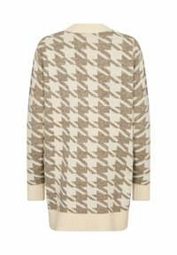 Beige knit sweater featuring a houndstooth pattern in light brown, with a relaxed fit, long sleeves, and ribbed cuffs and hem.