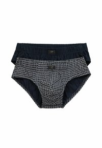 Slip da donna blu navy, uno di colore solido e uno con un motivo di piccoli fiori bianchi. Materiale morbido con bande elastiche in vita.