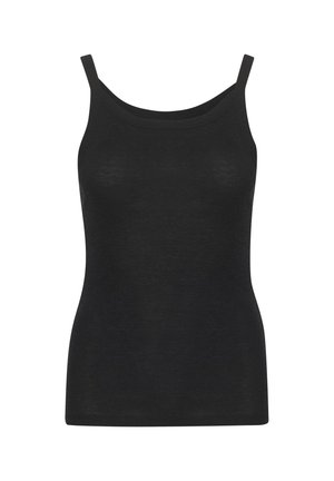 Černý tílko s tenkými ramínky, vyrobené z měkké, hladké látky. Má kulatý výstřih a přiléhavý střih, bez vzorů nebo akcentů.