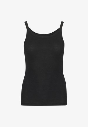 Černý tílko s tenkými ramínky, vyrobené z měkké, hladké látky. Má kulatý výstřih a přiléhavý střih, bez vzorů nebo akcentů.