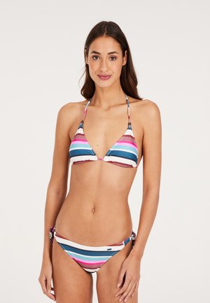 Randig bikini med trekantstopp och knytbara sidor. Färgerna inkluderar blått, rosa och vitt. Slät tyg med justerbara band.