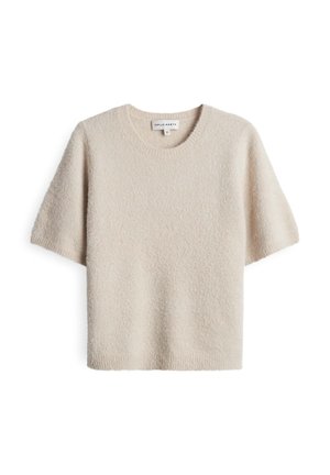 Beige korte mouw sweater van zacht, gestructureerd materiaal. Heeft een ronde hals en een ontspannen pasvorm. Etiket zichtbaar aan de binnenkant van de hals.