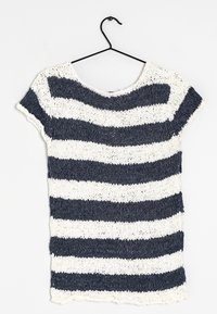 Short-sleeve knit top with wide horizontal navy and white stripes hanging on a black hanger against a white background.