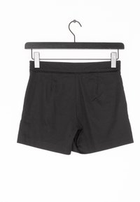 Black shorts made from a soft fabric. Features include a flat waistband, two front pockets, and a straight hem with a relaxed fit.