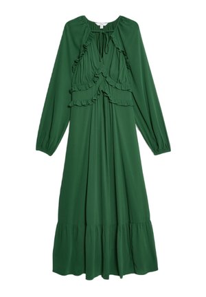 Grünes Maxikleid aus leichtem Stoff, versehen mit Rüschendetails, langen Ärmeln und einem gestuften Saum. Der Ausschnitt ist sanft gerafft.