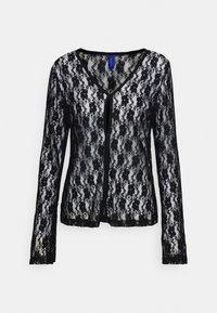 Cardigan en dentelle noire avec un col en V, des manches longues, des motifs floraux et une fermeture à boutons à l'avant. Texture délicate avec une apparence transparente.